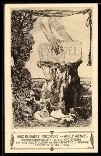 Künstler-AK Leipzig, Weltausstellung für Buchgewerbe u. Graphik 1914, Huldigung an Adolf Menzel, Ganzsache