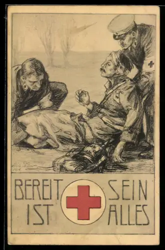 Künstler-AK Ganzsache PP27 C246: Rotes Kreuz-Sammlung 1914, Sanitäter versorgen verwundeten Soldaten