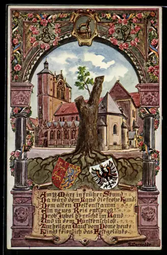 Künstler-AK Braunschweig, Dom mit Gedicht und Wappen, Ganzsache