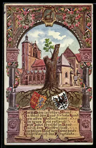 Künstler-AK Braunschweig, Der Dom mit Gedicht und Wappen, Ganzsache