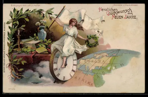 Lithographie Frau mit weisser Fahne, Lorbeerkranz und Uhr auf Weltkugel, Halt gegen das Licht