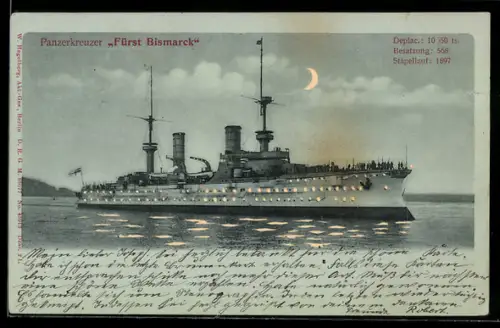 AK Panzerkreuzer Fürst Bismarck im Mondschein, leuchtende Fenster, Halt gegen das Licht