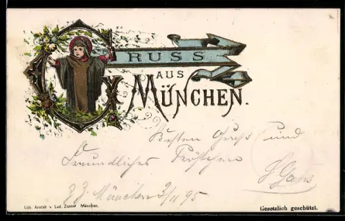 Vorläufer-AK München, 1895, Münchner Kindl umgeben von Blumen