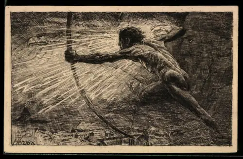 Künstler-AK Bruno Heroux: Leipzig, Weltausstellung f. Buchgewerbe 1914, Nackter Bogenschütze, Ganzsache