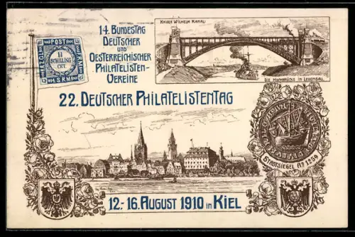 AK Ganzsache PP23 C12 /02: Kiel, 22. Deutscher Philatelistentag 1910, Stadtsiegel, Levensauer Hochbrücke