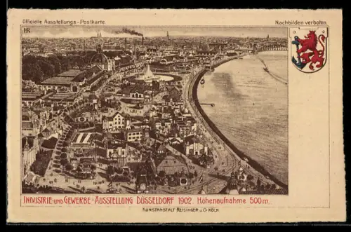 AK Düsseldorf, Industrie- und Gewerbe-Ausstellung 1902, Höhenaufnahme der Stadt, Ganzsache