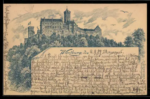 Vorläufer-Lithographie Ganzsache PP9F 400: Wartburg in der Aussenansicht, 1889