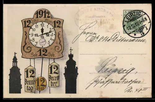 AK Leipzig, Poststempel mit Datum 12.12.12., daneben Wanduhr mit Datum, Ganzsache