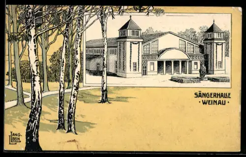 Künstler-AK Ganzsache PP27 C 247/01: Weinau, Sängerhalle in der Aussenansicht mit Birken