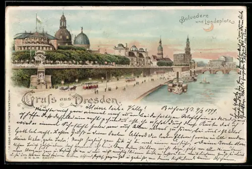 Lithographie Dresden, Panoramablick mit Belvedere und Landeplatz, Halt gegen das Licht