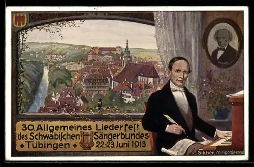 Künstler-AK Tübingen, 30. Allgemeines Liederfest des Schwäbischen Sängerbundes 1913, Komponist Silcher, Ganzsache