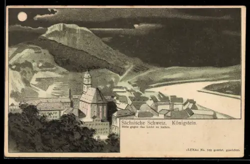 AK Königstein, Totalansicht mit Elbe bei Nacht, Halt gegen das Licht