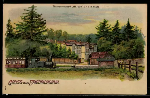 Lithographie Friedrichsruh, Teilansicht mit Eisenbahn, Mondlicht, Halt gegen das Licht