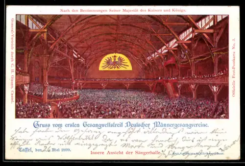 Künstler-AK Cassel, 1. Gesangwettstreit Deutscher Männergesangvereine 1899, Sängerhalle, Ganzsache