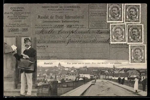 AK Remich, Vue prise sur le pont, Désignation de l`envoyeur, Briefträger bei der Postzustellung