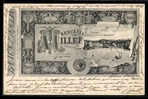 AK Torino, Piazza Vittorio Emanuele, Geldschein Mille Lire