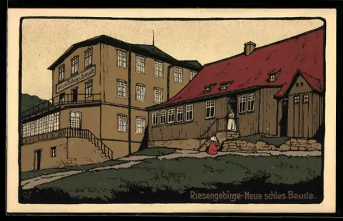 Steindruck-AK Neue schlesische Baude, Berghütte im Riesengebirge