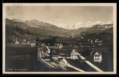 AK Krummenau, Ortsansicht und Bahnhof aus der Vogelschau