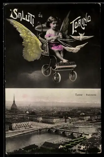 AK Torino, Engel in einem Kinderwagen und Teilansicht des Ortes