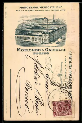 Lithographie Torino, Schokoladenfabrik Moriondo & Gariglio aus der Vogelschau