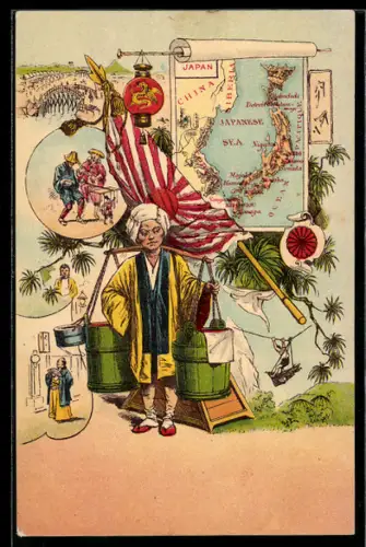 AK Japan, Frau in landestypischer Tracht mit japanischer Kriegsflagge