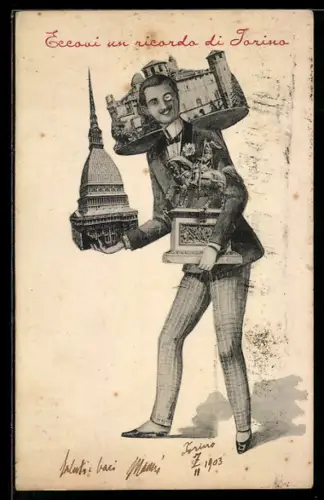 AK Torino, Mann trägt verschiedene Wahrzeichen des Ortes mit sich herum