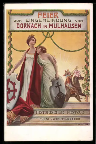 AK Dornach in Mülhausen, Feier zur Eingemeindung mit historischem Festzug, Frauen mit Wappenschildern