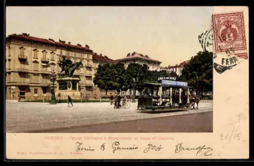 AK Torino, Piazza Solferino e Monumento al Duca di Genova, Pferdebahn