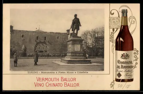 AK Torino, Monumento a Pietro Micca, Vermouth Ballor Reklame