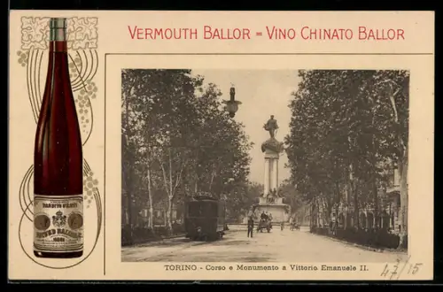 AK Torino, Corso e Monumento a Vittorio Emanuele II, Vino Chinato Ballor, Reklame