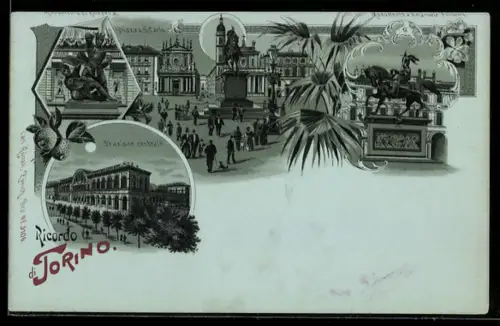 Mondschein-Lithographie Torino, Stazione centrale, Monumento a Emanuele Filiberto, Piazza S. Carlo