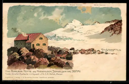 Künstler-AK F.A.C.M. Reisch: Similaun Hütte am Niederjoch im Schnalserthal, Winterlandschaft