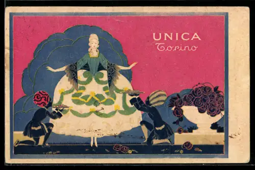 AK Torino, Reklame für Unica Schokolade mit Dienern, die einer schönen Dame Kakao offerieren, Art Deco