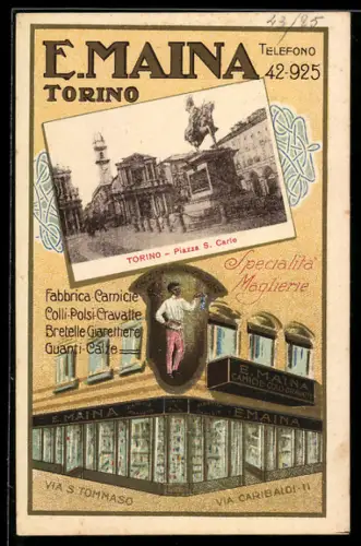 AK Torino, Piazza San Carlo, Fabbrica Camicie E. Maina, Via S. Tommaso, Via Garibaldi
