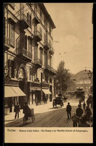 AK Torino, Piazza Carlo Felice, Via Roma e la Berlitz School of Language, Strassenbahn