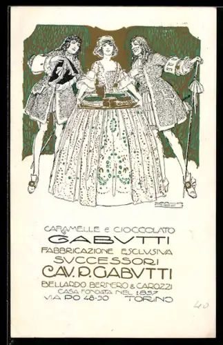 AK Torino, Caramelle Cioccolato Gabutti, Via Po 48-50, Männer flirten mit der Süssigkeitenverkäuferin, Art Deco
