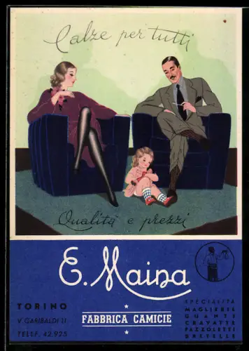 AK Torino, V. Caribaldi II, Reklame für Strümpfe von E. Maina, Familie sitzt im Wohnzimmer
