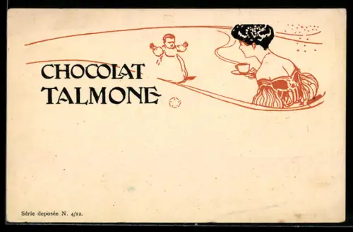 Lithographie Chocolat Talmone, Dame mit Kleinkind, Jugendstil