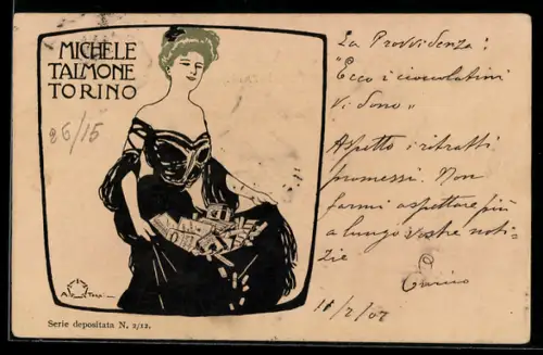 Lithographie Torino, Michele Talmone Cioccolato, Dame hält Schokolade in ihrem Rock, Jugendstil