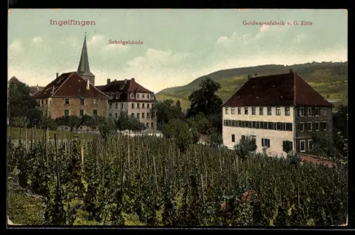 AK Ingelfingen, Schulgebäude und Goldwarenfabrik v. G. Eitle