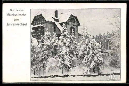 AK Berlin-Friedenau, Villa Gustav Lolat im Winter, Werbung Lolart-Träger D. R. P., Neujahrsgruss