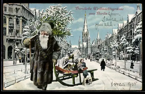 AK Berlin, Weihnachtsmann zieht einen Schlitten durch die verschneite Strasse, Strassenbahn