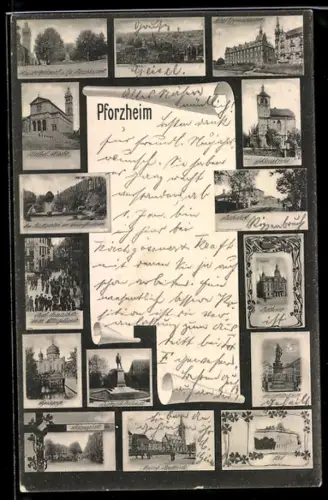Mikroskop-AK Pforzheim, Synagoge, Kirche, Gymnasium, Bismarckdenkmal und weitere Ortsansichten