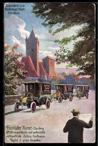 AK Nürnberg, Autos vom Fränkischen Kurier, Zeitung lesender Mann vorne