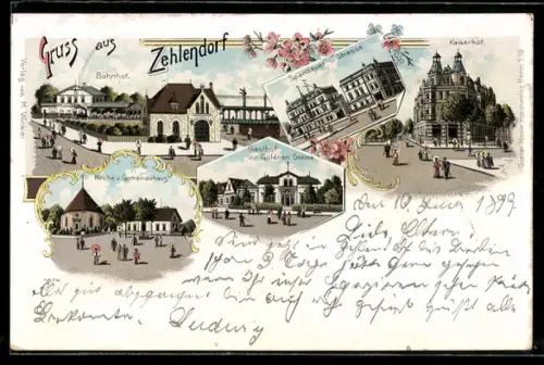 Lithographie Berlin-Zehlendorf, Bahnhof, Spandauer Strasse, Gasthof zur goldenen Sonne, Kaiserhof, Kirche, Gemeindehaus