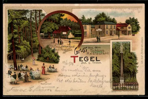 Lithographie Berlin-Tegel, Schloss-Restaurant von G. Triller, Denkmal der Familie Humbold