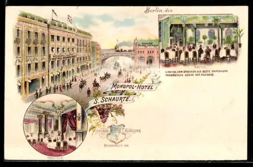 Lithographie Berlin, Monopol-Hotel v. S. Schaurté, Saal und Garten, Friedrichstrasse 100