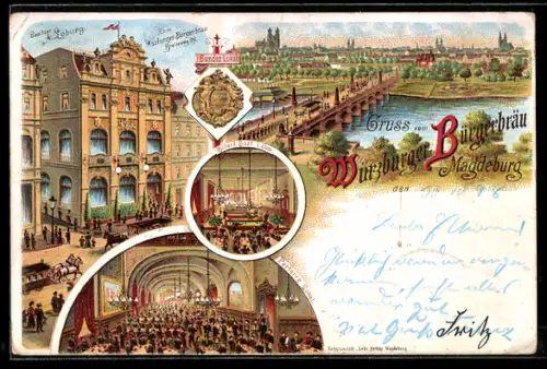Lithographie Magdeburg, Gasthaus Würzburger Bürgerbräu von aussen und innen