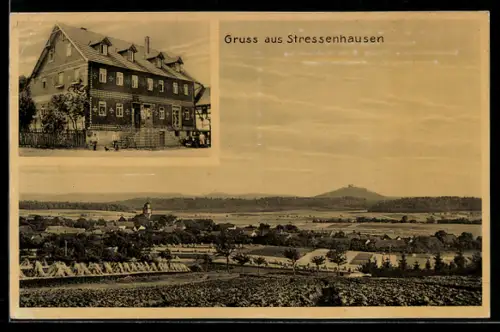 AK Stressenhausen, Gasthaus Zum fröhlichen Mann J. Schöfer, Gesamtansicht mit Feldern u. Berg