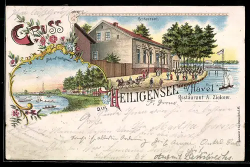 Lithographie Berlin-Heiligensee a. Havel, Restaurant A. Ziekow, Ortsansicht vom Ufer aus